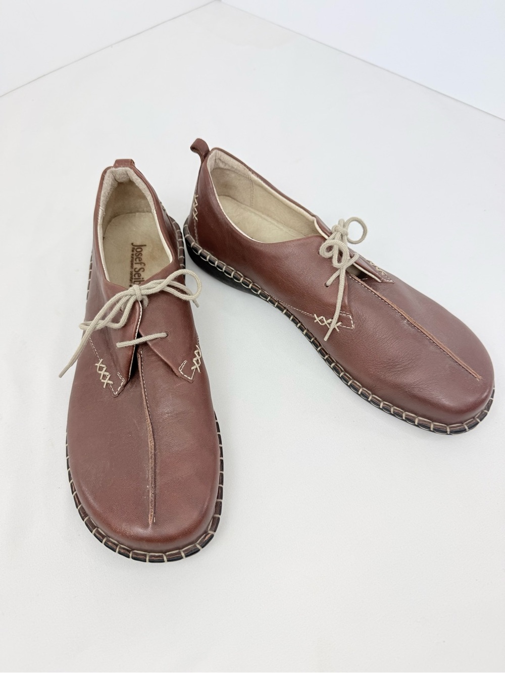 Joseph Seibel LINDSAY Brandy Brown Leather Contrast Stitch Lace Up Low Loafer